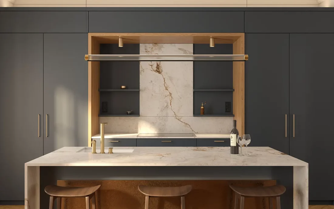 Ilot cuisine sur mesure d'un appartement entièrement rénové à Lyon dans le quartier Ainay par le studio anata architecture d'intérieur